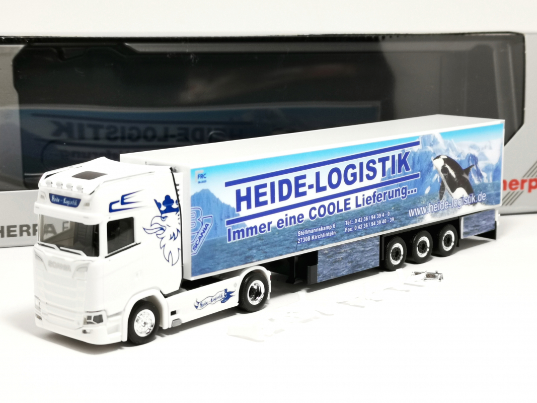 959780 Scania CS 30 HD Kühlkoffer Sattelzug "Heide Logistik - Orca" Herpa - SALE