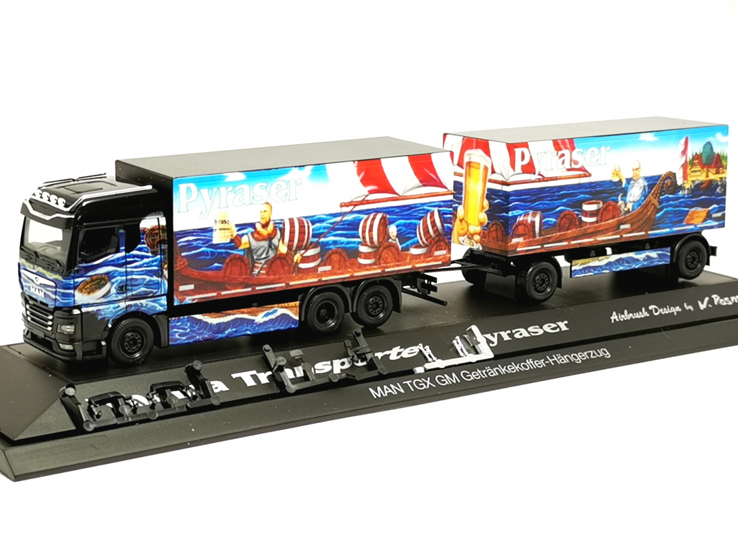122337 MAN TGX GM Getränkekoffer-Hängerzug "Pyraser III / Rudi Thoma" Herpa