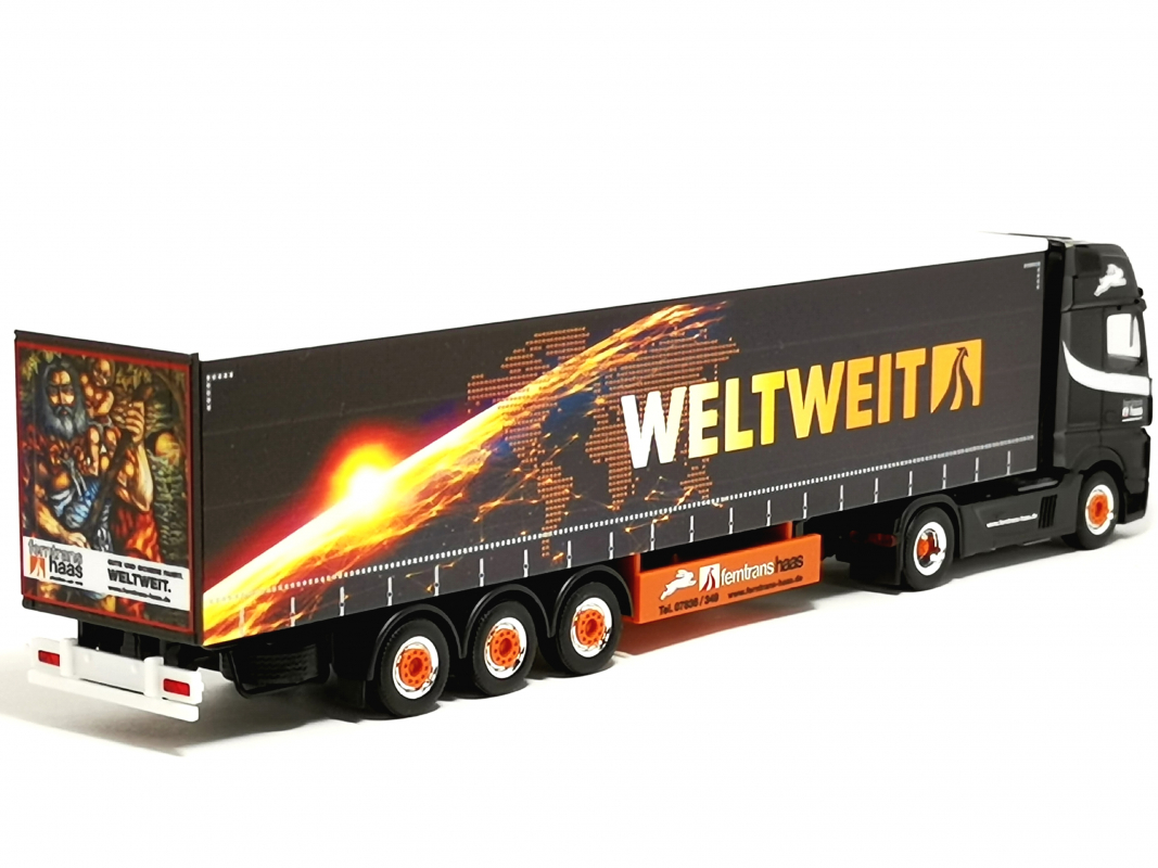 320023 Mb Actros L 18 Gigaspace Gardinenplanen-Sattelzug "Ferntrans Haas/weltweit" Herpa