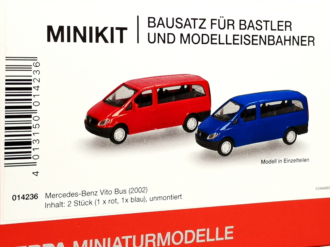 014236 Mercedes-Benz Vito Bus (W639 / 2003), rot und ultramarinblau (2 Stück) Herpa