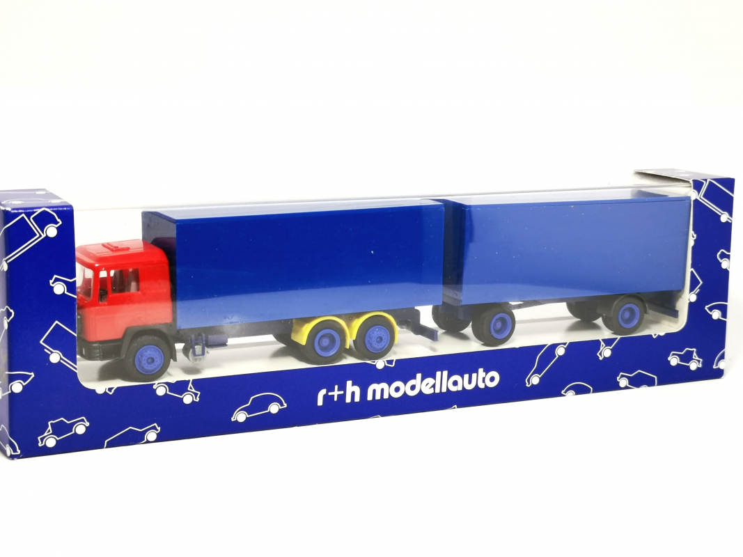 MAN F90 3-achs Koffer-Hängerzug unbedruckt, blau/rot r+H Modellauto 1:87 R1