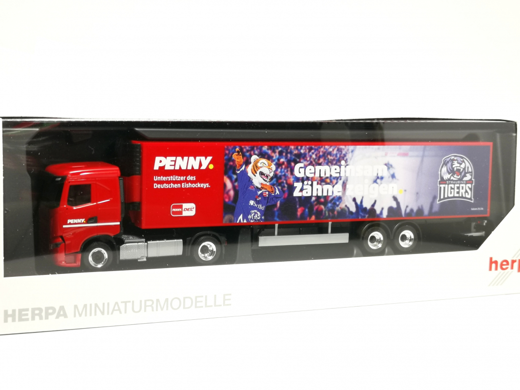 962124 Iveco S-Way Kühlkoffer-Sattelzug "PENNY DEL / Straubing Tigers" Herpa