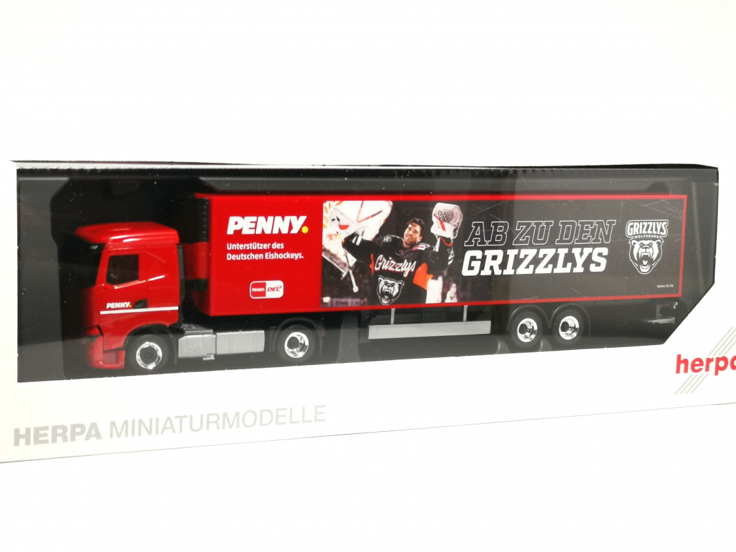 962131 Iveco S-Way Kühlkoffer-Sattelzug "PENNY DEL / Grizzlys Wolfsburg" Herpa