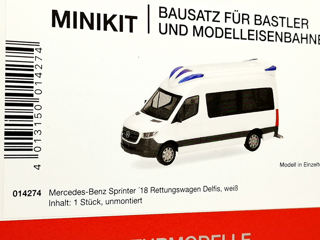 014274 Mb Sprinter 18 Rettungswagen Delfis, weiß (1 Stück) Herpa