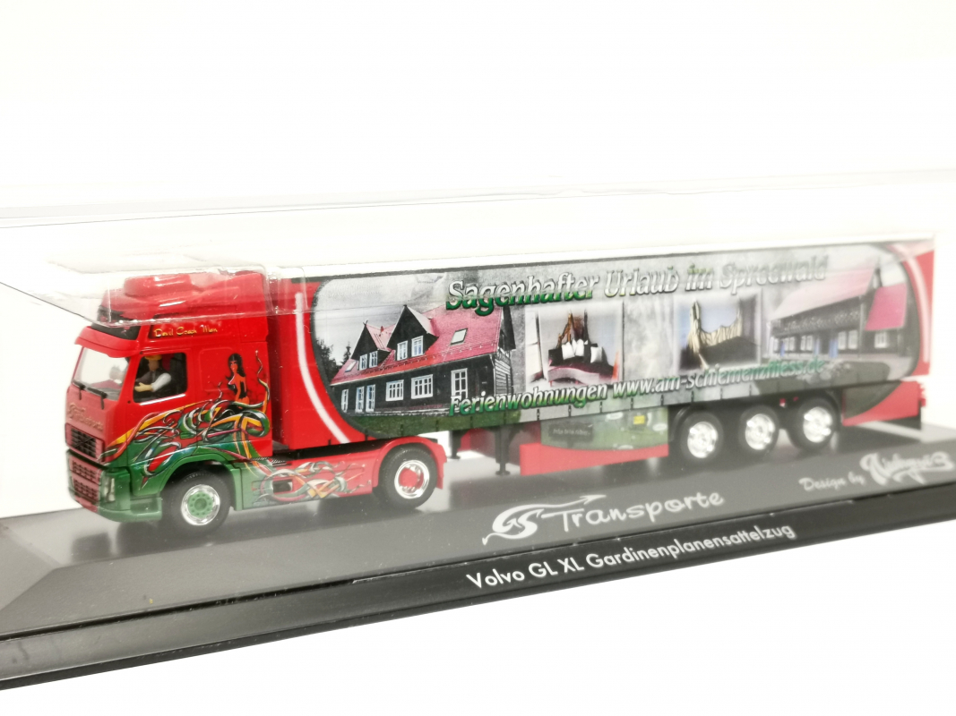 121194 Volvo FH Gardinenplanen-Sattelzug "GS Transporte Spreewald / Schulisch" Herpa ohne Umverpackung