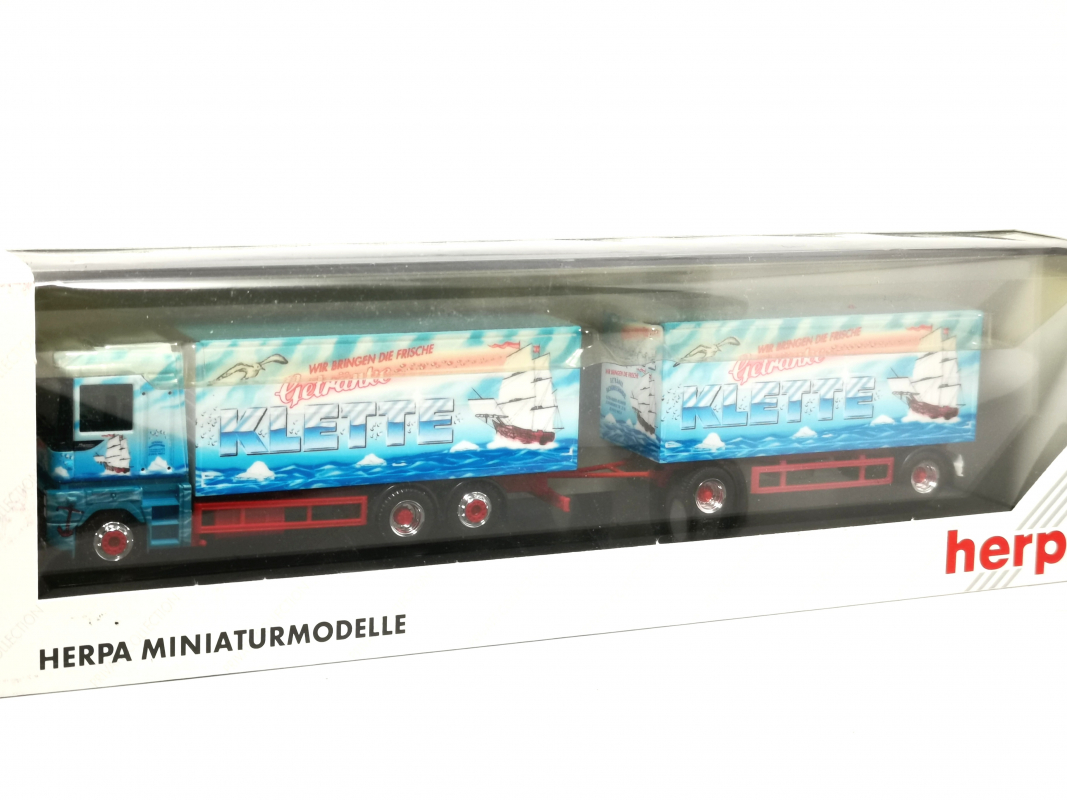 189231 Renault Magnum Koffer-Hängerzug "Getränke Klette" Herpa
