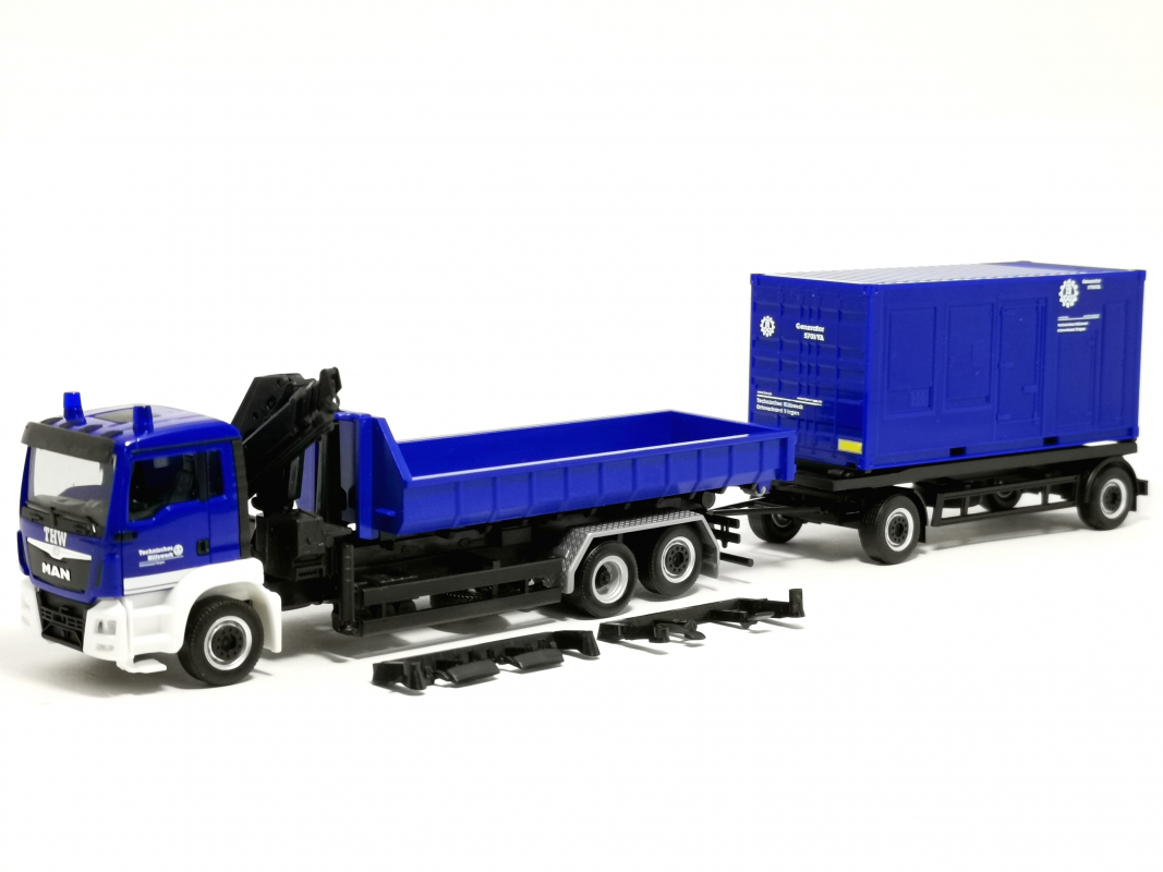 320863 MAN TGS M Wechsellader-LKW mit Anhänger "THW Singen" Herpa