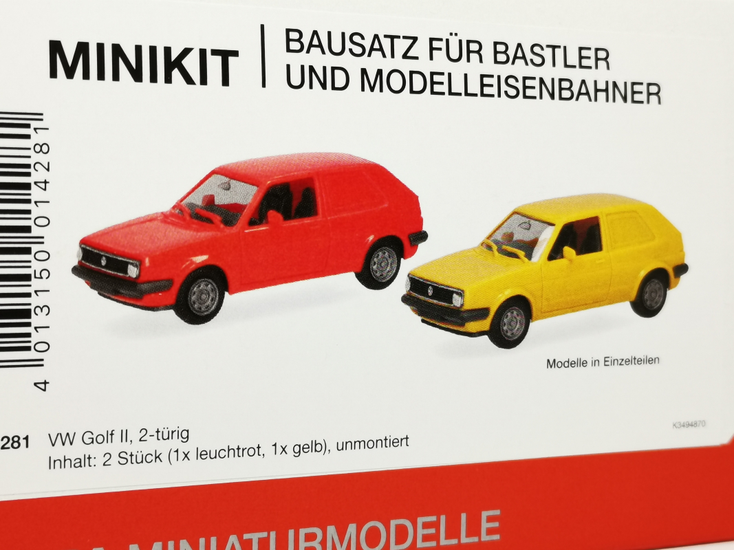 014281 Volkswagen (VW) Golf II 2-türig Kasten, leuchtrot und gelb (2 Stück) Herpa